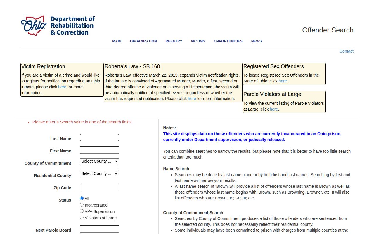 ODRC offender search filters for Putnam County released inmates